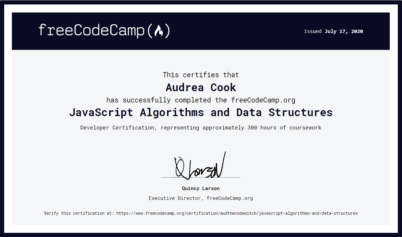 Audrea's JS Algorithms and Data Structures Certificate